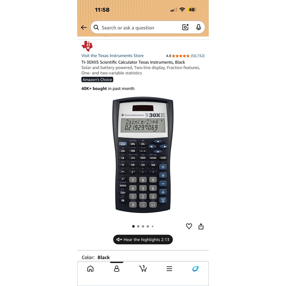 Texas Instruments TI-30XIIS Scientific Calculator Black Two-Line Display Solar